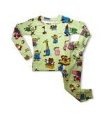 Kids pajama set with Richard Scarry's Busy World animal characters on light green fabric