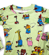 Close-up of pajama top featuring Busy World animal illustrations