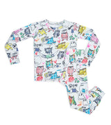 Kids pajama set with colorful monster and heart doodles inspired by The Color Monster