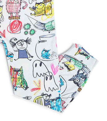 Pajama pant leg featuring doodle-style monsters and hearts
