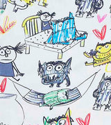 Detail of The Color Monster inspired pajama print with monsters in different colors