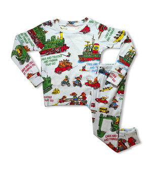Kids pajama set with colorful Cars And Trucks And Things That Go print, featuring vehicles and animals