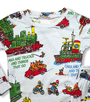 Close-up of pajama top with trains, boats, and animal characters from Cars And Trucks And Things That Go