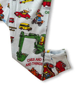 Pajama pants detail showing playful vehicles and animals from Cars And Trucks And Things That Go