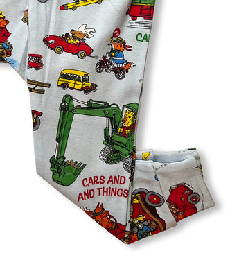 Pajama pants detail showing playful vehicles and animals from Cars And Trucks And Things That Go