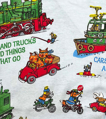 Fabric close-up with red car, green train, and animal characters from Cars And Trucks And Things That Go