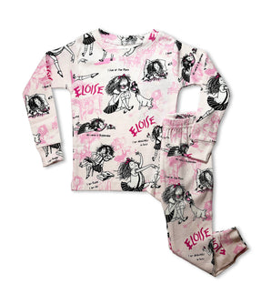 Eloise kids pajama set with playful character illustrations and pink accents