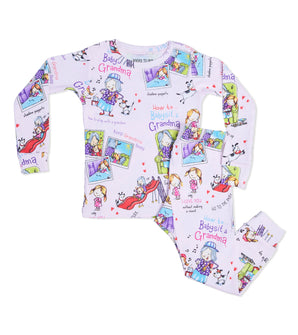 Kids pajama set with playful illustrations inspired by How to Babysit a Grandma