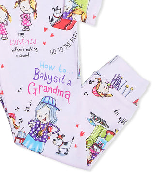 Pajama pants with whimsical Grandma and child scenes from How to Babysit a Grandma