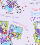 Detail of pajama fabric with colorful Grandma and granddaughter illustrations