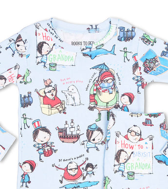 Close-up of pajama top featuring 'How to Babysit a Grandpa' prints