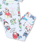 Pajama pants with 'How to Babysit a Grandpa' themed illustrations