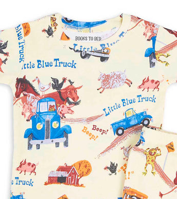 Close-up of pajama top with Little Blue Truck and animals print