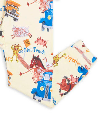 Close-up of pajama pants with Little Blue Truck and animal illustrations