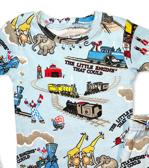 Close-up of pajama top featuring The Little Engine That Could themed trains