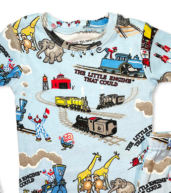 Close-up of pajama top featuring The Little Engine That Could themed trains
