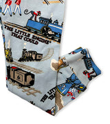 Pajama pants with colorful trains and animals from The Little Engine That Could