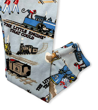 Pajama pants with colorful trains and animals from The Little Engine That Could