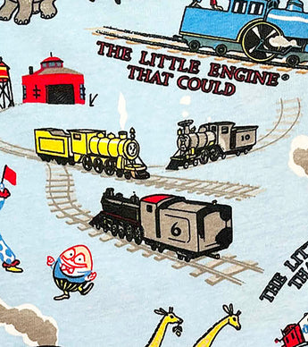 Detail of trains, animals, and circus characters on The Little Engine That Could pajamas