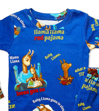 Close-up of blue pajamas with Llama Llama Red Pajama and Mama Llama print