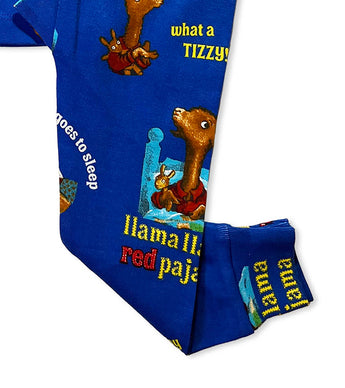 Pajama pants detail showing Baby Llama and bedtime scenes