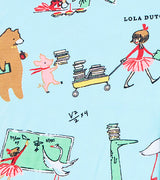 Detail of Lola Dutch pajamas with characters, books, and playful accents