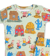 Close-up of pajama top with Three Little Pigs and houses print