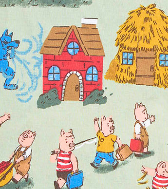 Detail of Three Little Pigs, houses, and wolf on pajama fabric
