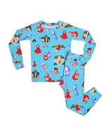 Children's pajama set with Little Red Riding Hood and wolf illustrations on blue background