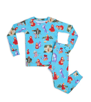 Children's pajama set with Little Red Riding Hood and wolf illustrations on blue background