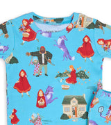 Close-up of pajama top with Little Red Riding Hood, wolf, and cottage illustrations