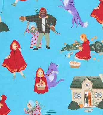 Detailed view of Little Red Riding Hood and wolf print on children's pajamas