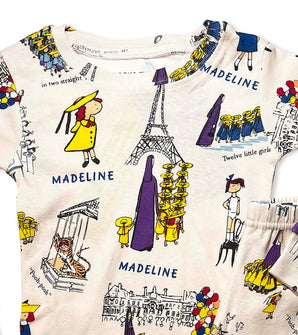 Close-up of Madeline pajama top with Paris and character prints
