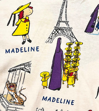Detail of Madeline and Eiffel Tower print on pajamas