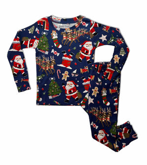 Navy kids pajama set with Santa, reindeer, and holiday-themed print