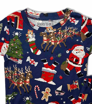 Close-up of navy pajama top with Santa and reindeer print
