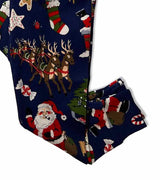 Folded pajama pants with holiday print and reindeer design