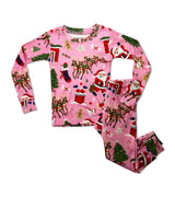 Pink kids pajama set with Santa, reindeer, and Christmas-themed illustrations