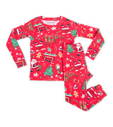 Red kids pajama set with Christmas trees, Santa, reindeer, stockings, and gingerbread prints