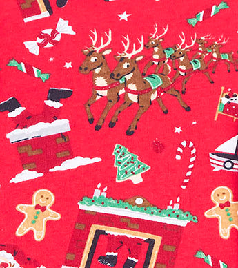 Detail of red pajamas featuring reindeer, gingerbread, and candy cane prints