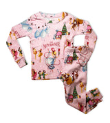 Pink kids pajama set with The Nutcracker ballet illustrations and festive holiday designs