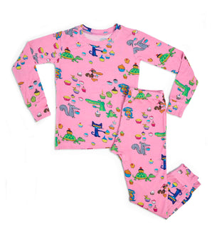 Pink kids pajama set with Pete the Cat and cupcakes print, long sleeves and pants