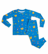 Kids' blue Pete the Cat pajama set with playful character prints