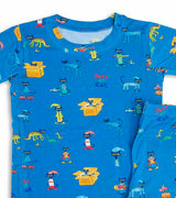 Close-up of Pete the Cat pajama top with colorful designs