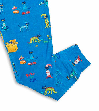 Detail of Pete the Cat pajama pants with character illustrations