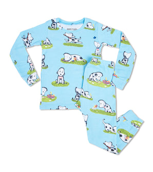 Kids’ blue pajama set with Rocket dog illustrations inspired by How Rocket Learned to Read