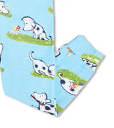 Blue pajama pants with Rocket dog and book illustrations for kids