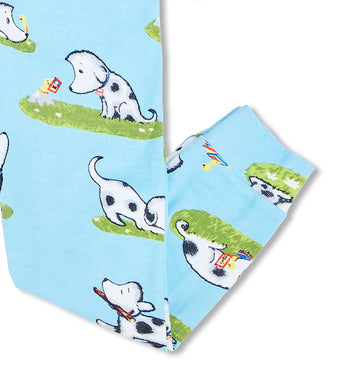 Blue pajama pants with Rocket dog and book illustrations for kids