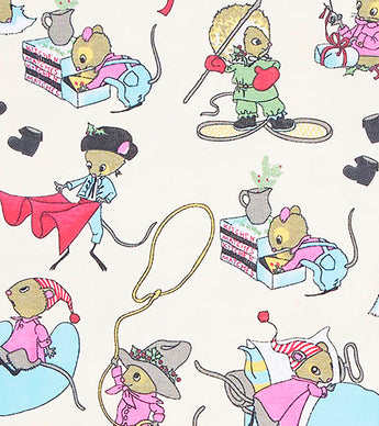 Pattern close-up of Santa Mouse pajamas with mice and holly