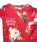 Close-up of red pajama top with Santa and reindeer from The Story of Santa's Beard